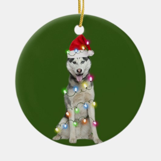husky met kerstscafts Santa Hat Gift Keramisch Ornament (Voorkant)