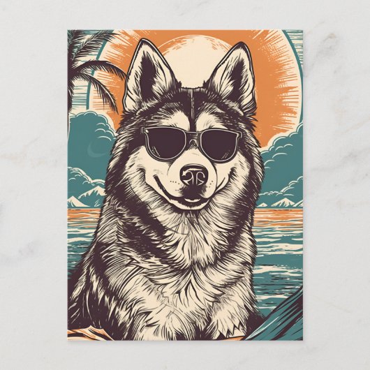 Husky met zonnebril op het strand briefkaart (Voorkant)