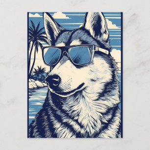 Husky met zonnebril op het strand briefkaart