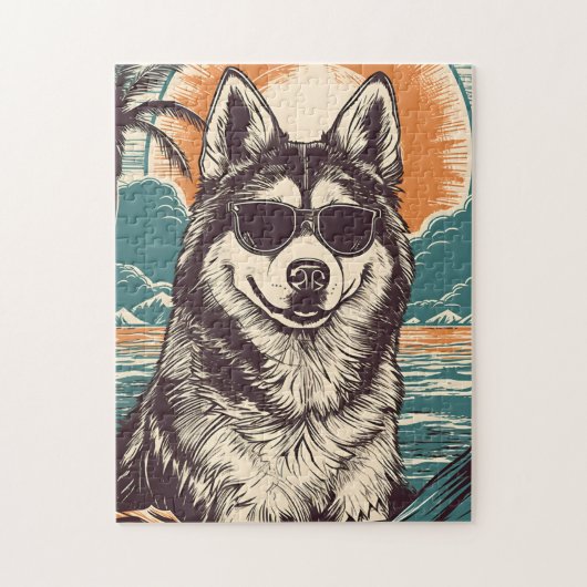 Husky met zonnebril op het strand legpuzzel (Verticaal)