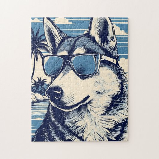 Husky met zonnebril op het strand legpuzzel (Verticaal)