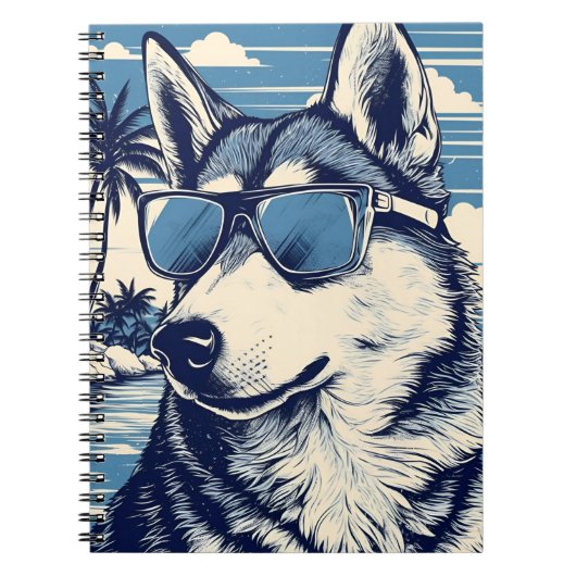 Husky met zonnebril op het strand notitieboek (Voorkant)