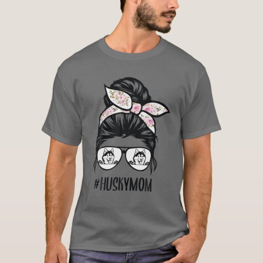 Husky Moeder Messy Bun Haar Bril, Siberische Huski T-shirt (Voorkant)