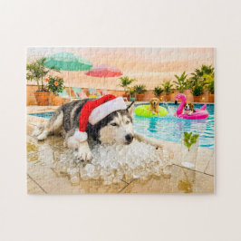 Husky op rotsen met Kerstmis Legpuzzel