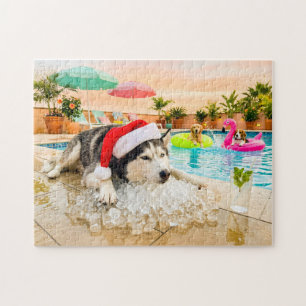 Husky op rotsen met Kerstmis Legpuzzel