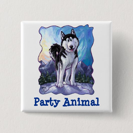 Husky Party Centre Vierkante Button 5,1 Cm (Voorkant)