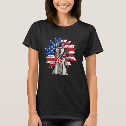 Husky Patriot Amerikaanse vlag Zonnebloem Onafhank T-shirt (Voorkant)