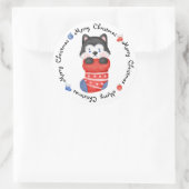 Husky Puppy Dog Cute Festive Merry Kerstry Ronde Sticker (Tas)