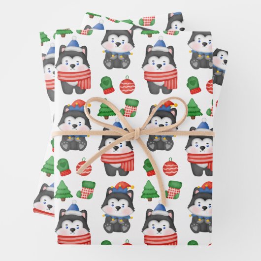 Husky Puppy Dog Santa Festive Holiday Inpakpapier Vel (In situ)