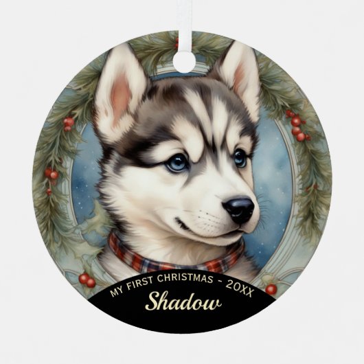 Husky Puppy Eerste Kerst Metal Ornament (Voorkant)