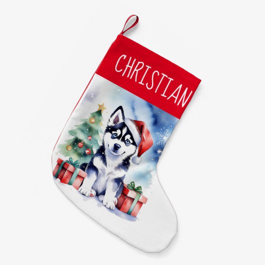 Husky puppy kersthond mensen cadeaus kleine kerstsok (Voorkant (Hangend))