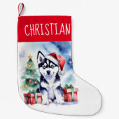 Husky puppy kersthond mensen cadeaus kleine kerstsok (Voorkant)