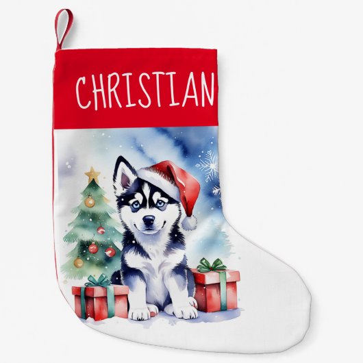 Husky puppy kersthond mensen cadeaus kleine kerstsok (Voorkant)