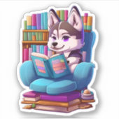 Husky puppy lezen van een boek sticker (Voorkant)