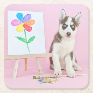 Husky Puppy Painting a Rainbow Flower Kartonnen Onderzetters