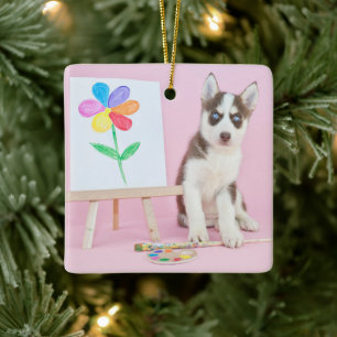 Husky Puppy Painting a Rainbow Flower Keramisch Ornament
