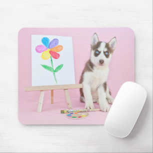 Husky Puppy Painting a Rainbow Flower Muismat