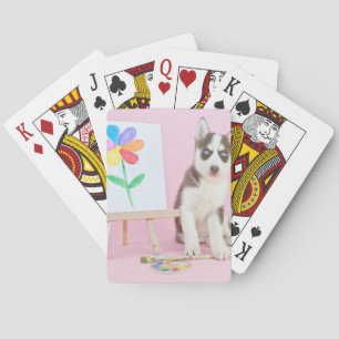 Husky Puppy Painting a Rainbow Flower Pokerkaarten
