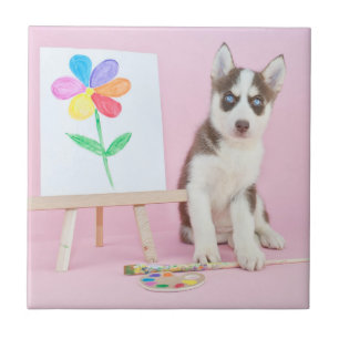 Husky Puppy Painting a Rainbow Flower Tegeltje