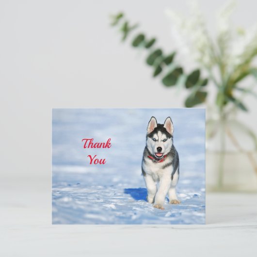 Husky Puppy Sneeuw Foto Bedankt Briefkaart (Staand voorkant)