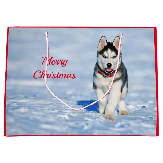 Husky Puppy Snow-kerstfoto Groot Cadeauzakje (Voorkant)