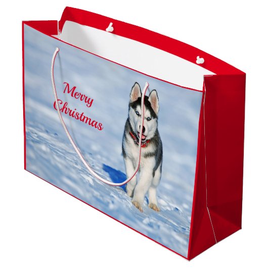 Husky Puppy Snow-kerstfoto Groot Cadeauzakje (Achterkant Gekanteld)