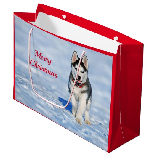 Husky Puppy Snow-kerstfoto Groot Cadeauzakje (Voorkant Gekanteld)