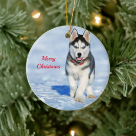 Husky Puppy Snow-kerstfoto Keramisch Ornament