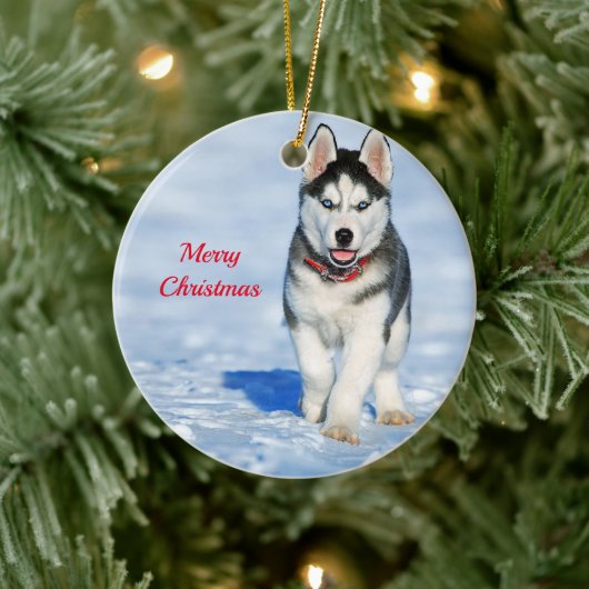 Husky Puppy Snow-kerstfoto Keramisch Ornament (Boom)