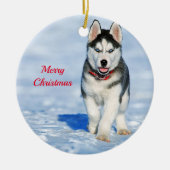 Husky Puppy Snow-kerstfoto Keramisch Ornament (Voorkant)