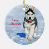 Husky Puppy Snow-kerstfoto Keramisch Ornament (Achterkant)