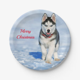 Husky Puppy Snow-kerstfoto Papieren Bordje