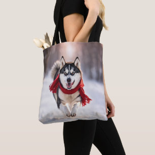 Husky Rentier met een Rode Sjaal Tote Bag