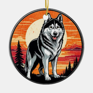 Husky Retro Zonsondergang Hond Liefhebber Keramisch Ornament