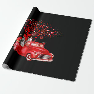 Husky Riding Red Truck Valentijn Butterfly Heart Cadeaupapier