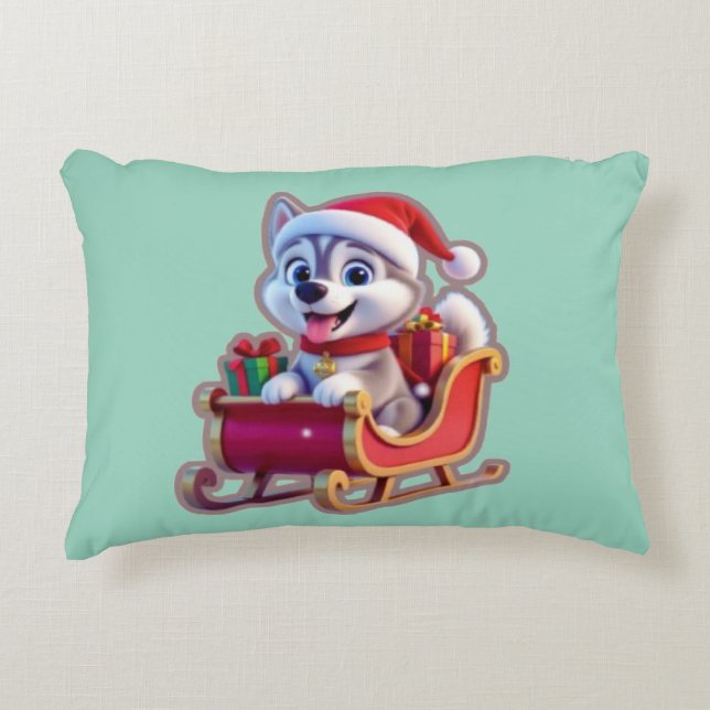 Husky Riding Santa’s Sleigh – Cute 3D Christmas Ca Accent Kussen (Voorkant)