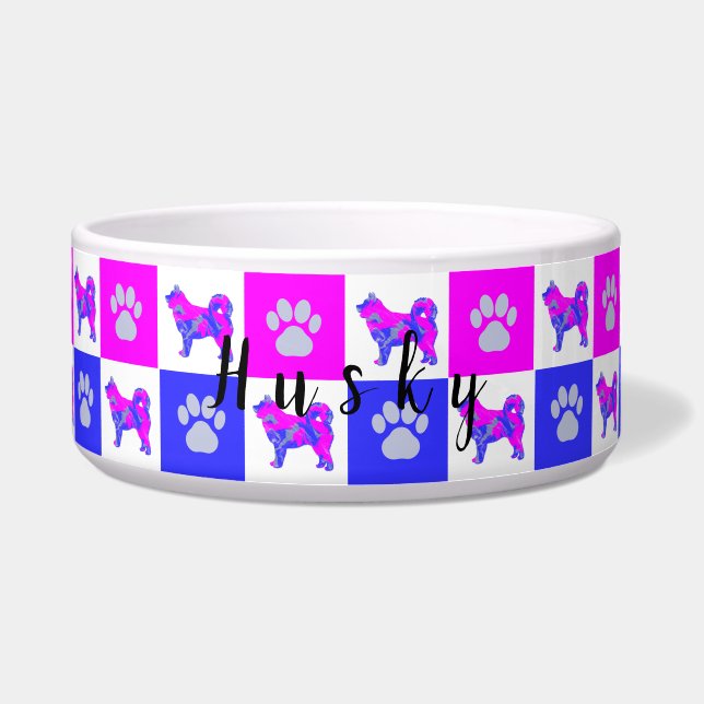 Husky Silhouette Dog & Paw Hot Pink & Blue Pet Bow Voerbakje (Voorkant)