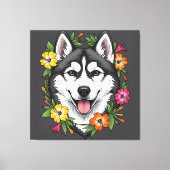 Husky Sled Dog And Colorful Mirablis Flowers Canvas Afdruk (Voorkant)