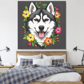 Husky Sled Dog And Colorful Mirablis Flowers Canvas Afdruk (Insitu (Slaapkamer))