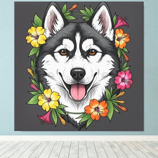 Husky Sled Dog And Colorful Mirablis Flowers Canvas Afdruk (Insitu (Houten vloer))