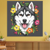 Husky Sled Dog And Colorful Mirablis Flowers Canvas Afdruk (Insitu (Woonkamer))