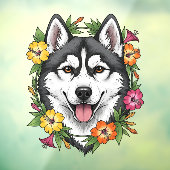 Husky Sled Dog And Colorful Mirablis Flowers Raamsticker (Vel 3)