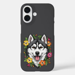 Husky Sledehond En Kleurrijke Mirablis Bloemen iPhone 16 Hoesje