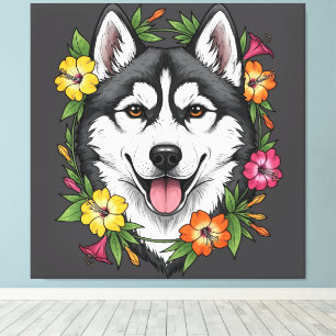 Husky slee-hond en kleurrijke Mirablis-bloemen Canvas Afdruk