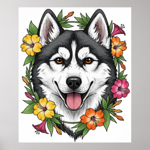 Husky slee-hond en kleurrijke Mirablis-bloemen Poster