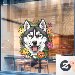 Husky slee-hond en kleurrijke Mirablis-bloemen Raamsticker