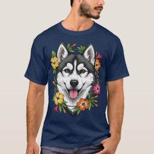 Husky slee-hond en kleurrijke Mirablis-bloemen T-shirt
