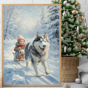 Husky trekt een kind op een slee poster