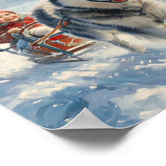 Husky trekt een kind op een slee poster (Hoek)