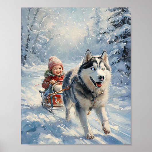 Husky trekt een kind op een slee poster (Voorkant)